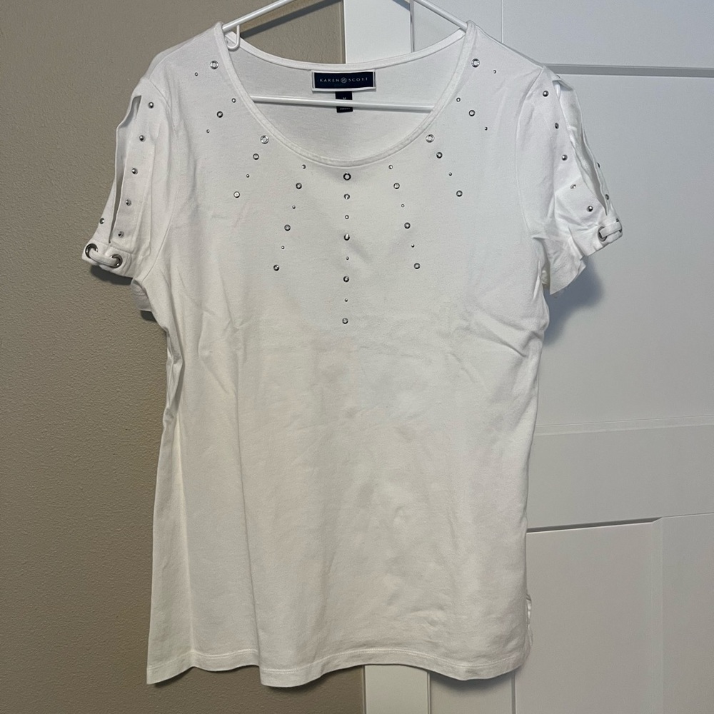 Karen Scott White Embellished Short Sleeve Top
